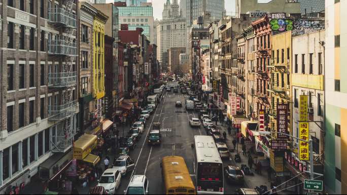 从曼哈顿大桥俯瞰唐人街的全景图