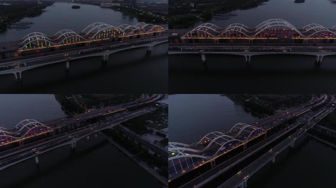 西安浐灞广运潭大桥夜景航拍西安地铁3号线