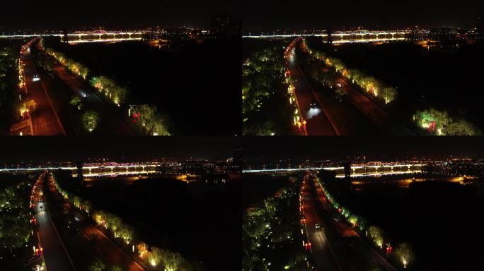 西安浐灞广运潭大桥夜景航拍西安地铁3号线