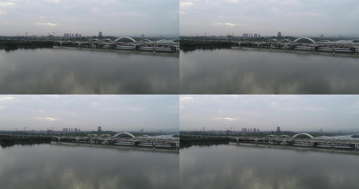 西安浐灞广运潭大桥航拍4K西安地铁3号线