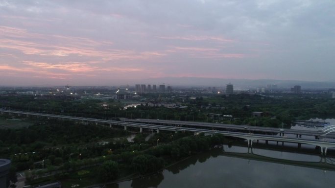 西安浐灞广运潭大桥日出航拍西安地铁3号线