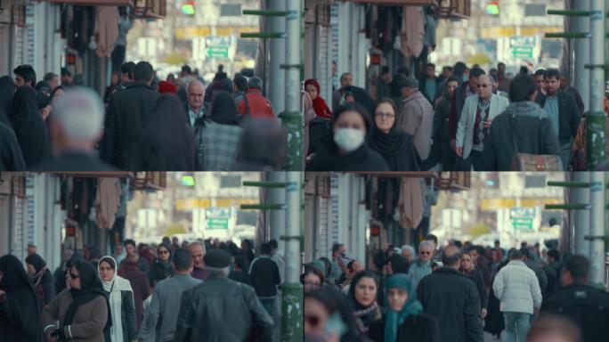 德黑兰街道上行走的一群行人延时