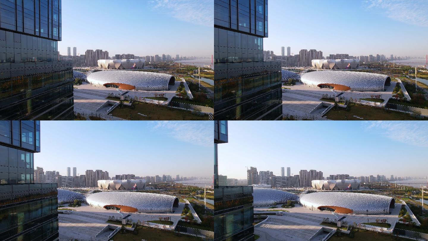 航拍杭州奥体新城现代地标性建筑