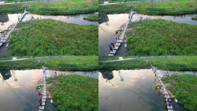 4K航拍 黄昏的长沙溪悦荟小桥河水草地