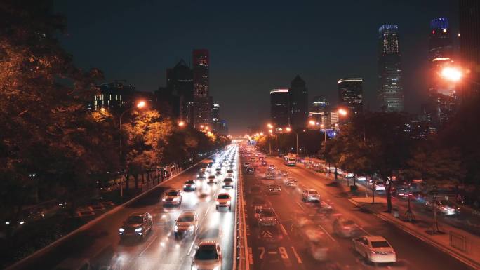 北京城市夜晚车流街道夜景延时4k