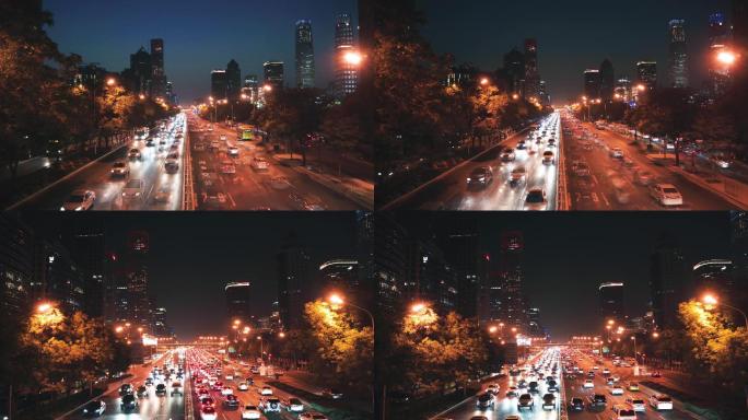 北京城市夜晚车流街道夜景延时4k