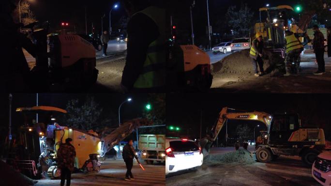 冬天道路施工城市市政工程施工夜间夜晚修路