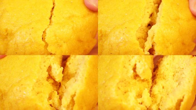掰开一个干硬的棒子面玉米面饼  (9)