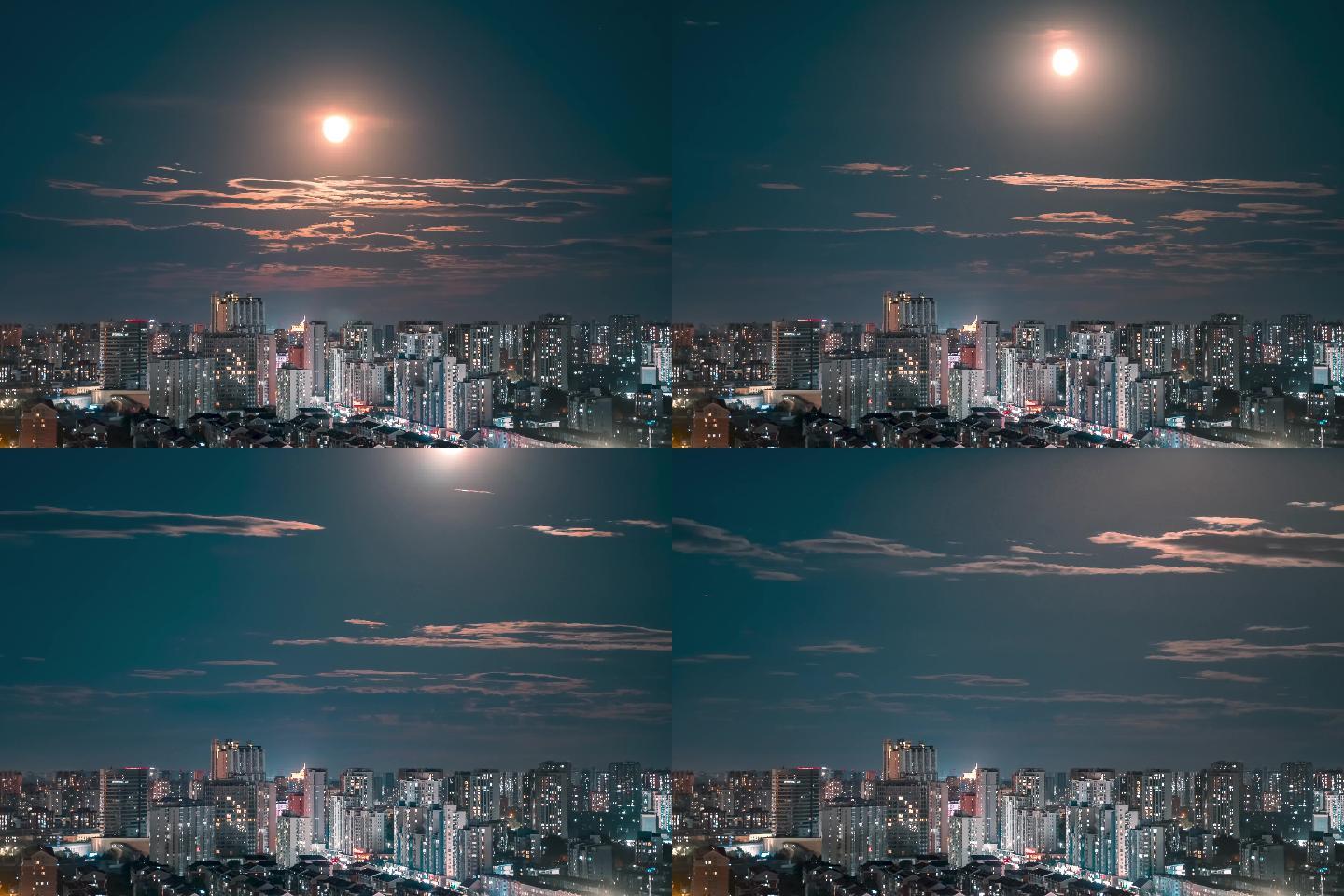 夜晚城市月亮慢慢升起圆月中秋月亮