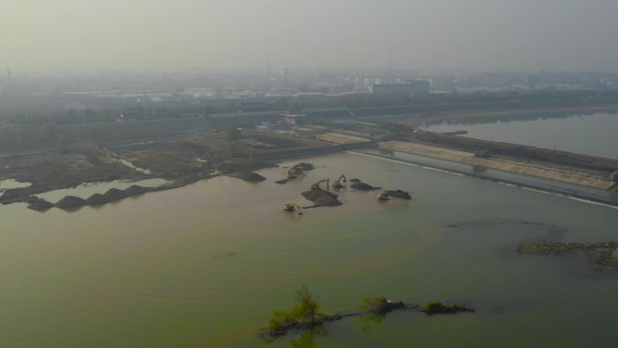 洛阳洛河河道清淤清洁治理疏浚施工维护航拍
