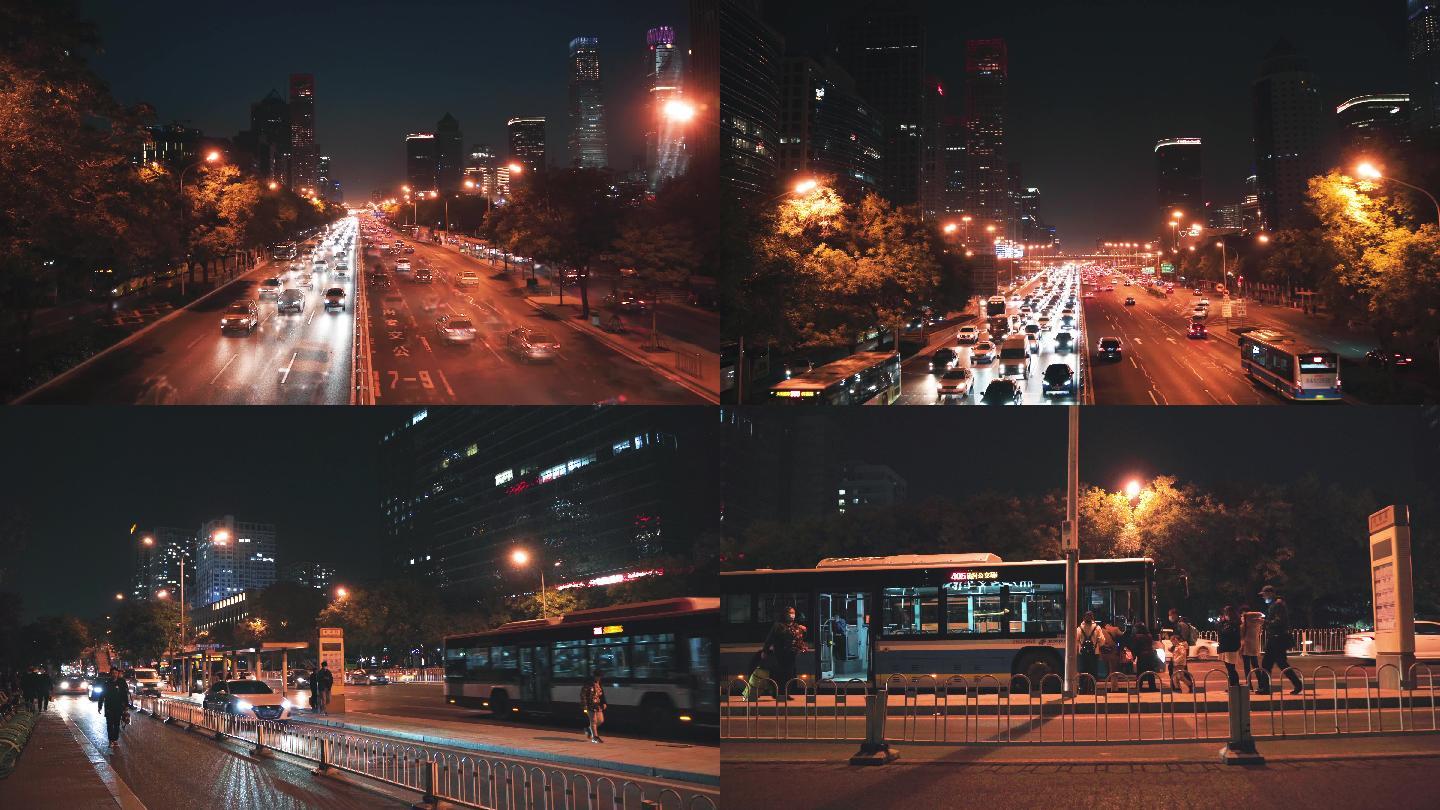 北京城市夜晚街道车流人群夜景延时4k