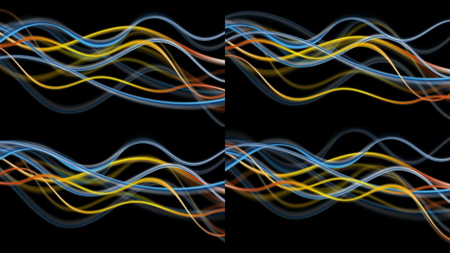 蓝色和橙色发光的抽象波在黑色的背景。