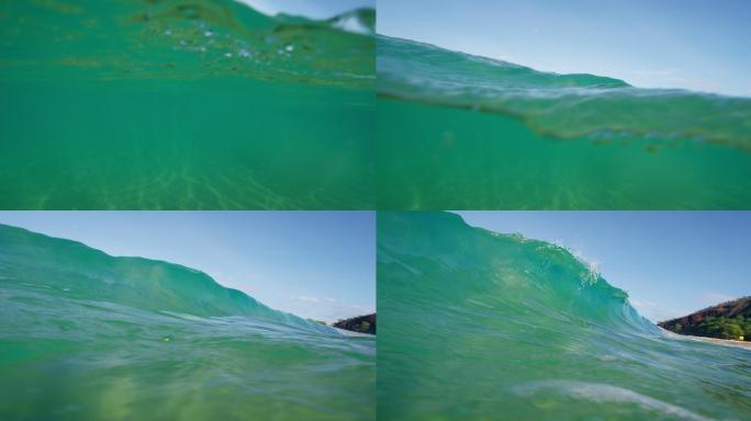 美丽的蓝色海浪打在镜头上