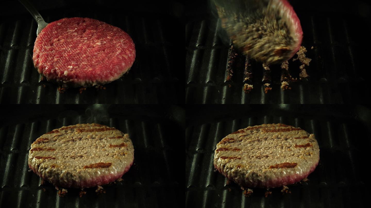将牛肉在热烤盘上翻过来