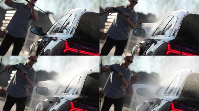 男人正在洗车洗车工清洗汽车4S店