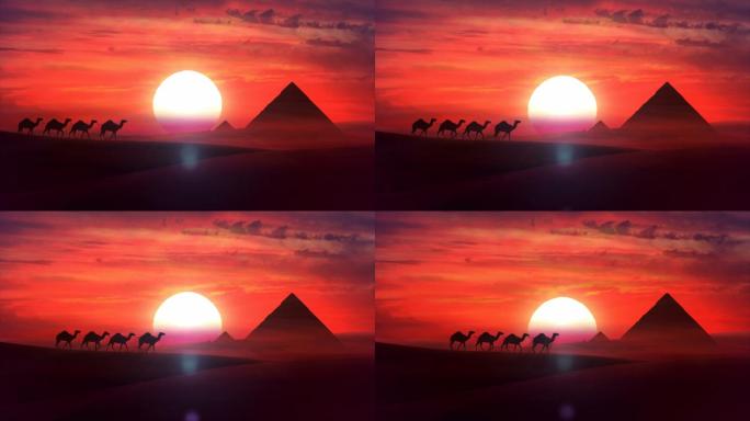 骆驼队在夕阳中穿越沙漠
