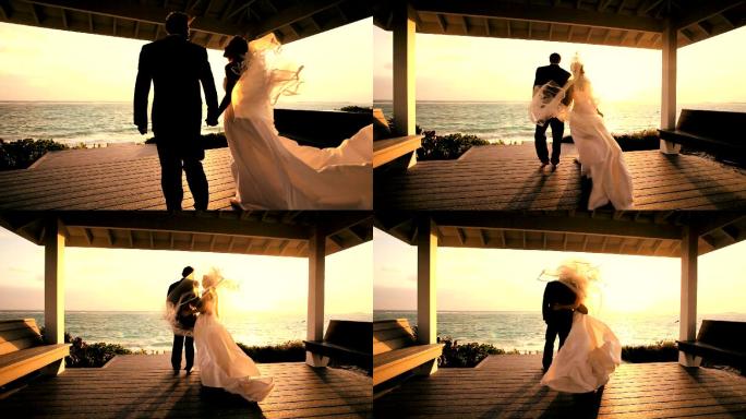 幸福的夫妇穿着婚纱观看日落