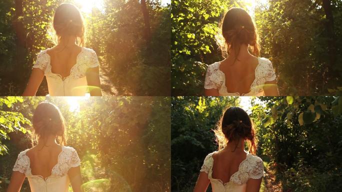 美丽的新娘步行在森林中