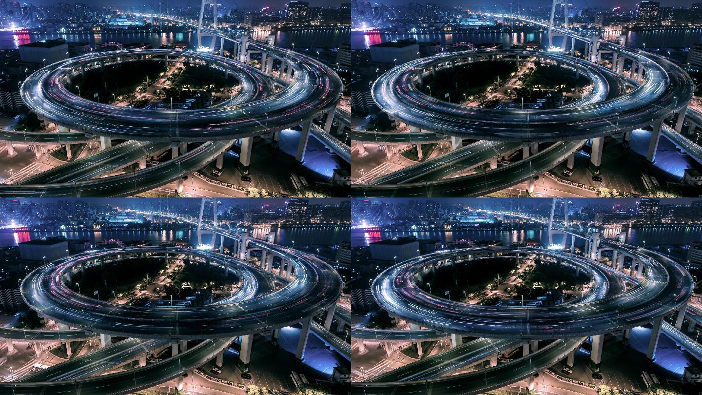 上海繁忙天桥夜间鸟瞰图