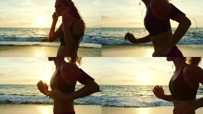 年轻女子在日落前戴上耳机在海滩上跑步剪影