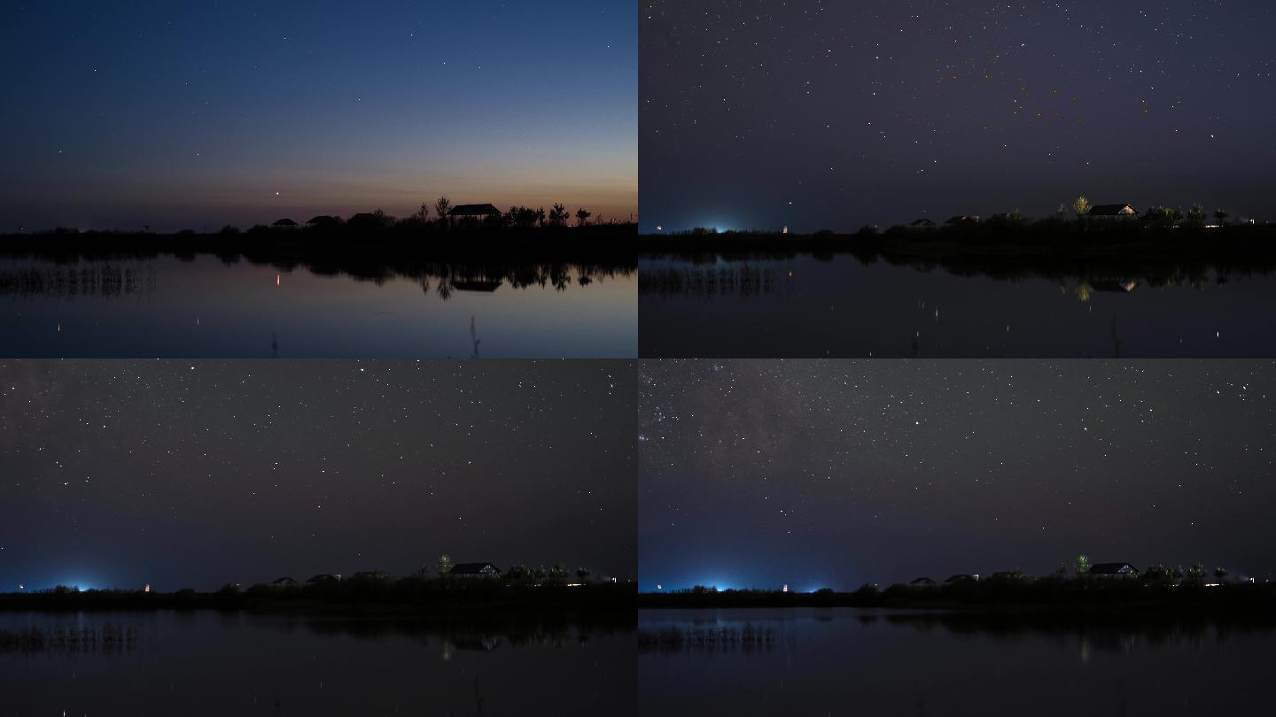 湖面银河倒影口岸星空延时摄影