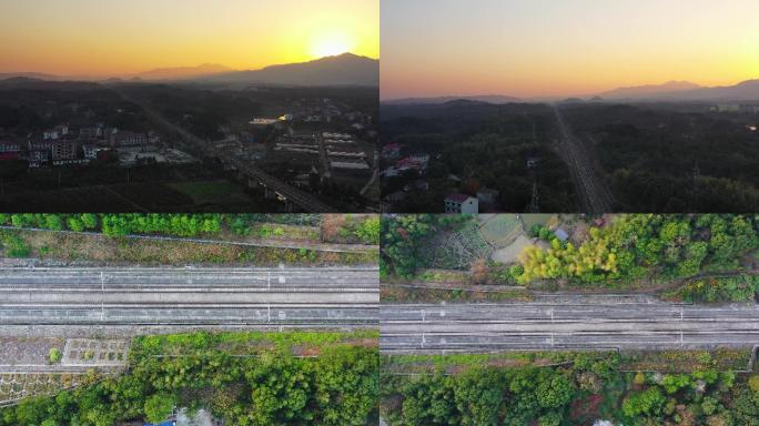 4K航拍夕阳下的高铁铁路