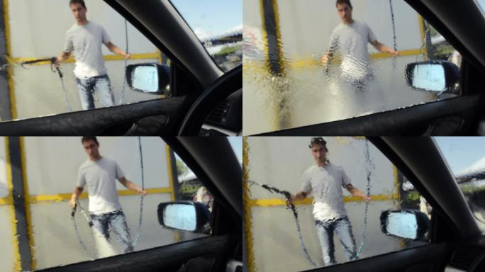 男人在洗车4S店服务汽车维修保养驾驶洗车