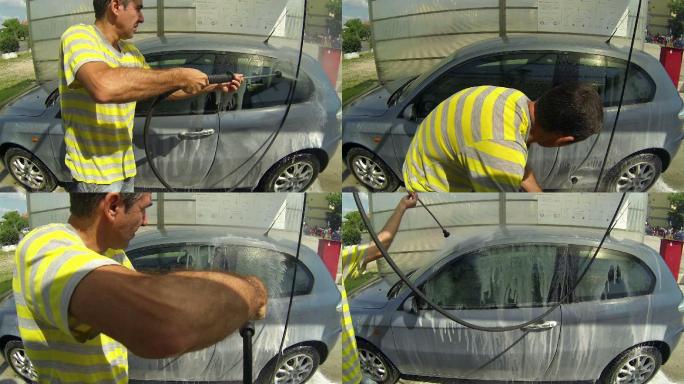一名男子正在用高压水冲洗他的汽车。
