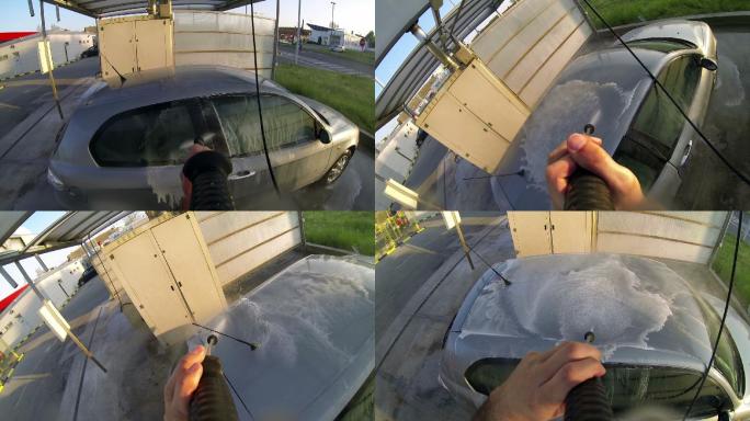 手动洗车:在加油站用高压水清洗。