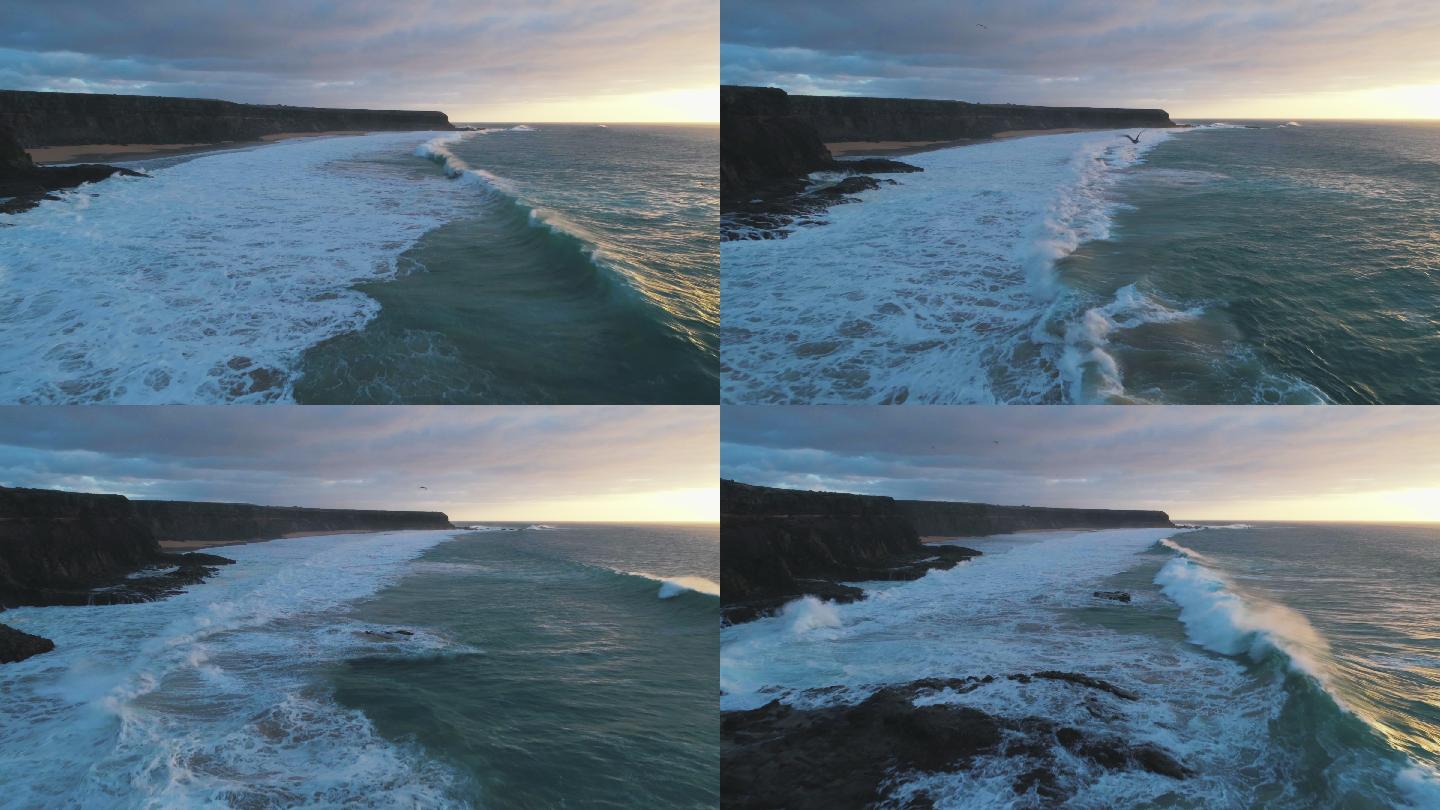海浪拍打着岩石海岸的航拍镜头