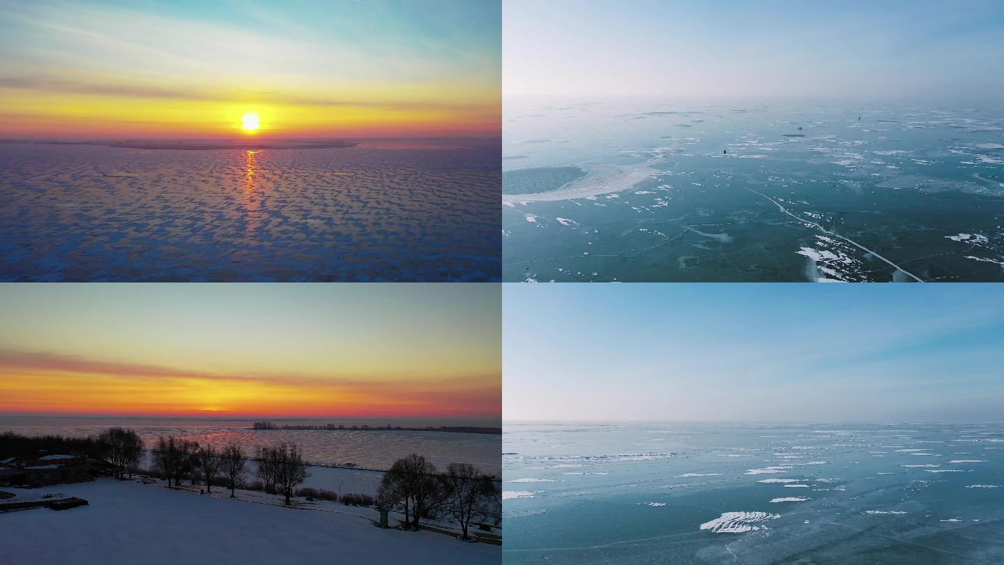 日出封湖冰面航拍