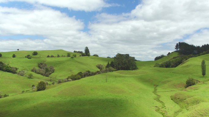在新西兰美丽葱郁的绿色景观上空飞行