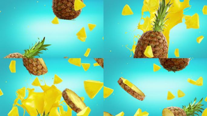 新鲜菠萝背景水果慢动作入水创意特写主图视