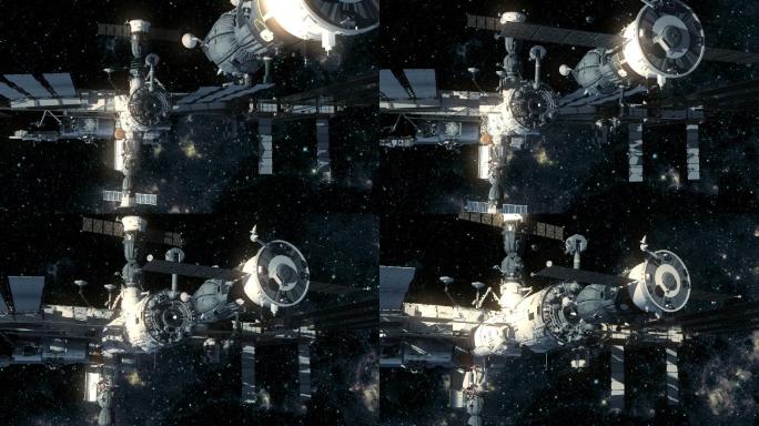 宇宙飞船对接国际空间站的3D动画。