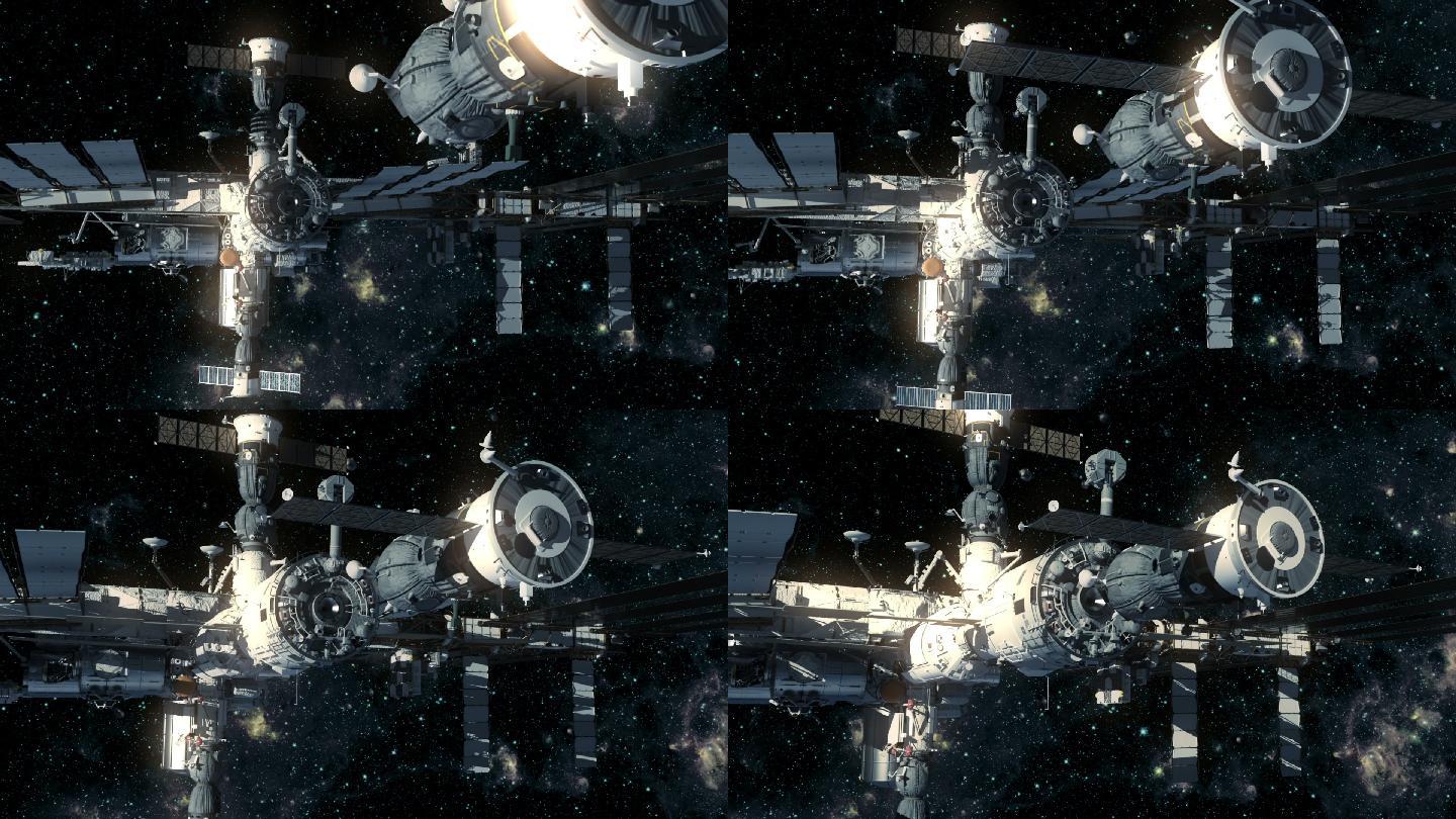 宇宙飞船对接国际空间站的3D动画。
