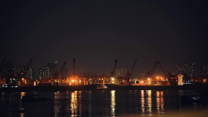【4K】夜景港口贸易运输码头渔船