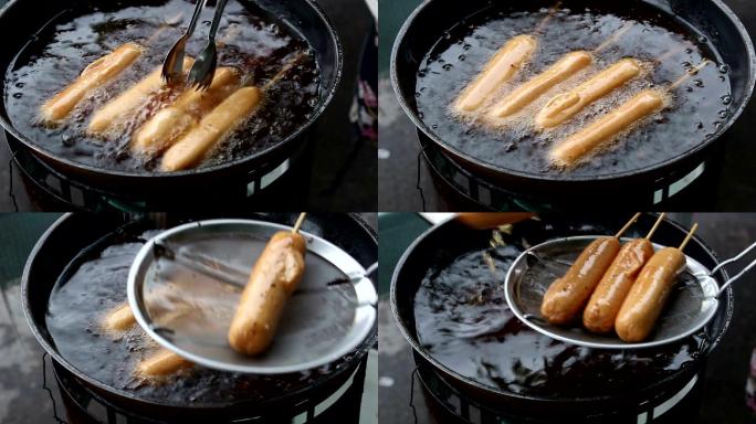 用平底锅煎的热狗美食美味油腻食物不健康