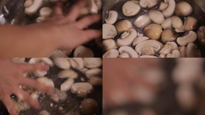 不锈钢水盆清洗口蘑草菇 (1)
