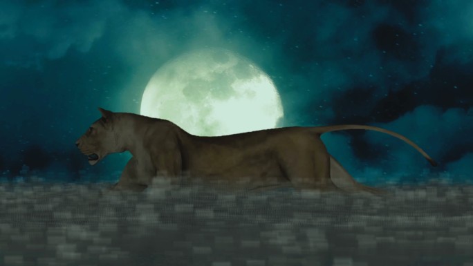 在满月的背景下，母狮在夜晚奔跑