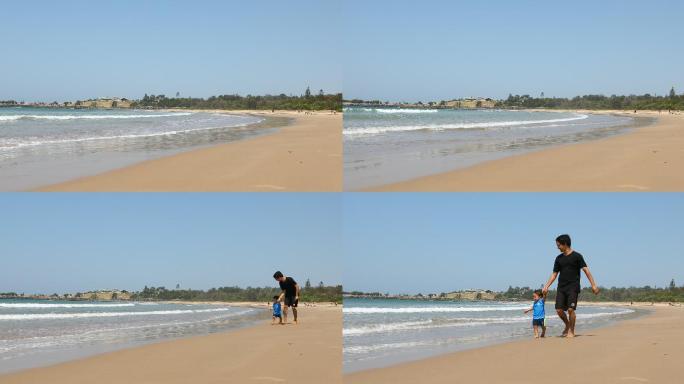 海滩上玩耍父子奔跑可爱