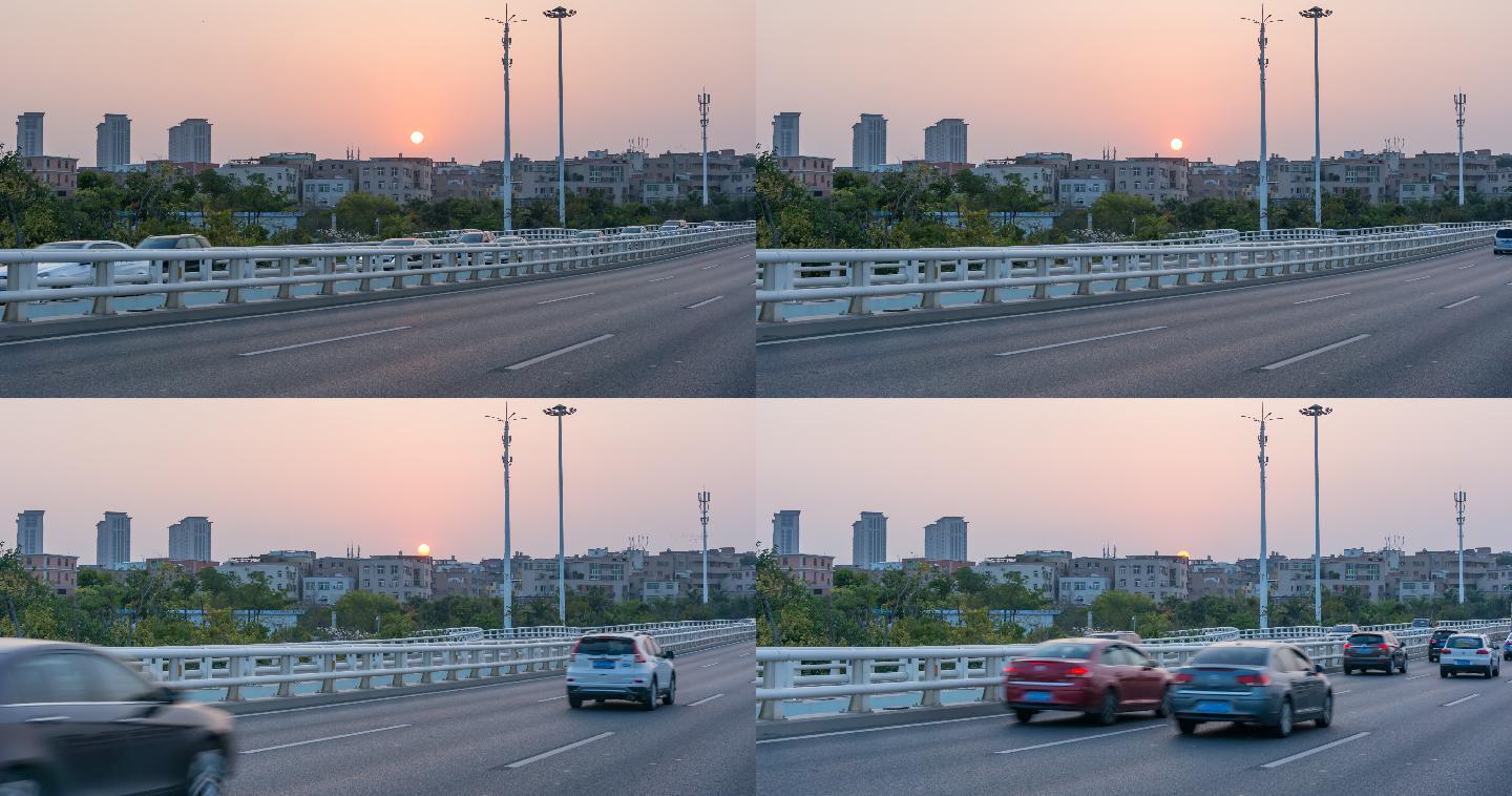 时光流逝，桥上的汽车交通与日落背景