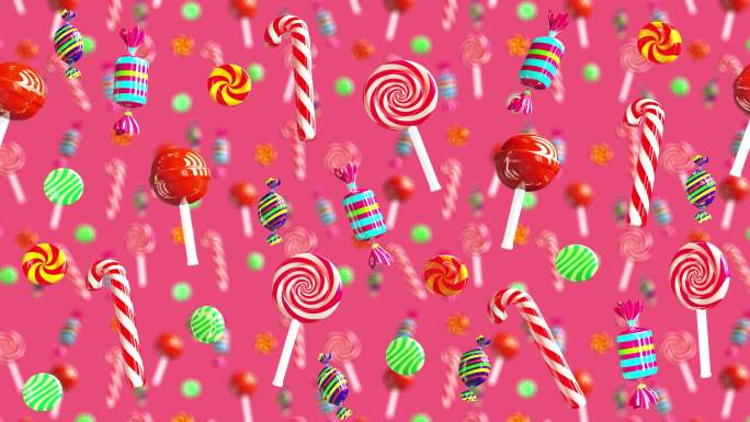 多种多样的糖果从右到左移动的3d动画。