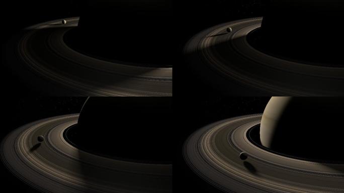 月球或卫星通过土星环旋转的动画