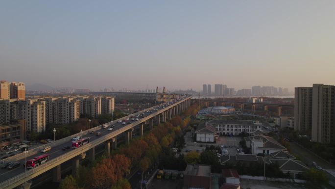 航拍南京长江大桥落日夜景