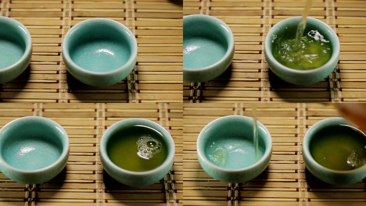 绿茶倒进杯中制茶炒茶道文化茶园泡茶采茶