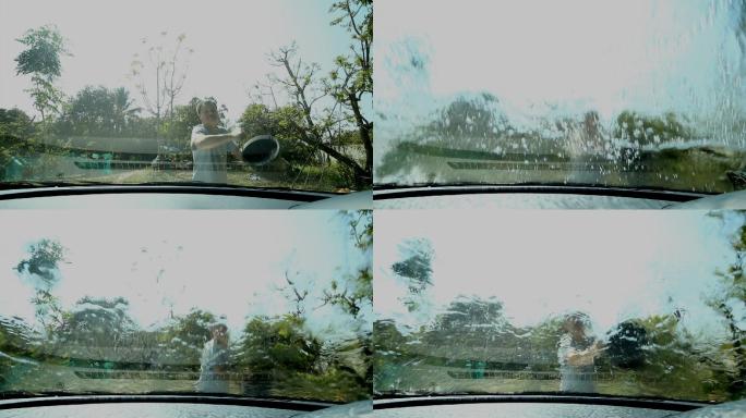 洗车户外洗车车玻璃水滑落