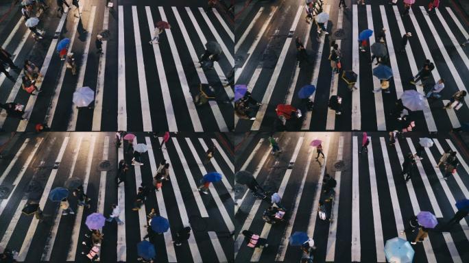 行人过马路在雨天繁华生活空镜上班逛街街头