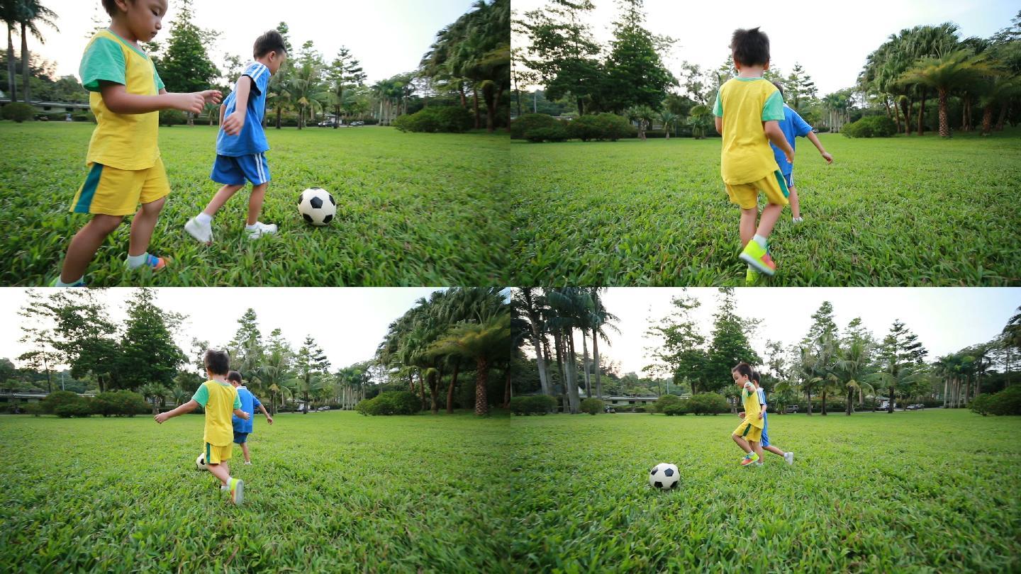 在草坪上踢足球玩耍的两个男孩