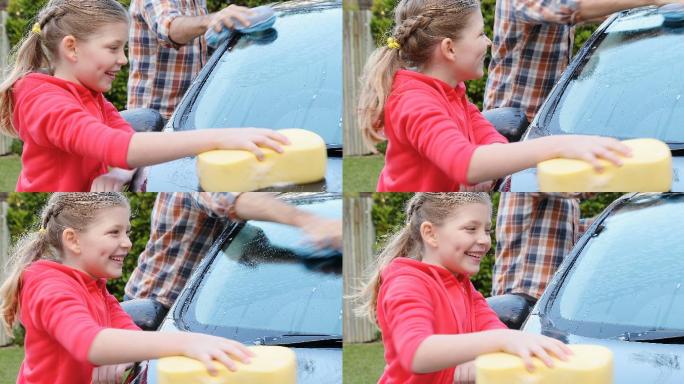 在洗车的小女孩国外外国冲洗清洁打扫车身