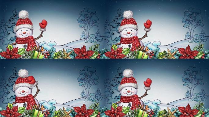 水彩动画卡通雪人，节日快乐贺卡